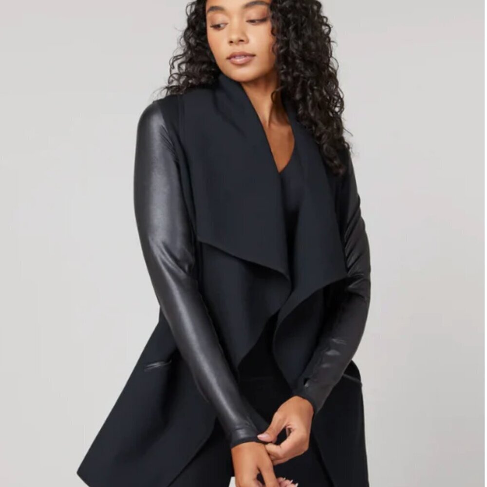 Spanx Convertible Jacket Drape Front Ponte Faux Leather Pockets Black Size Small - Picture 6 of 12